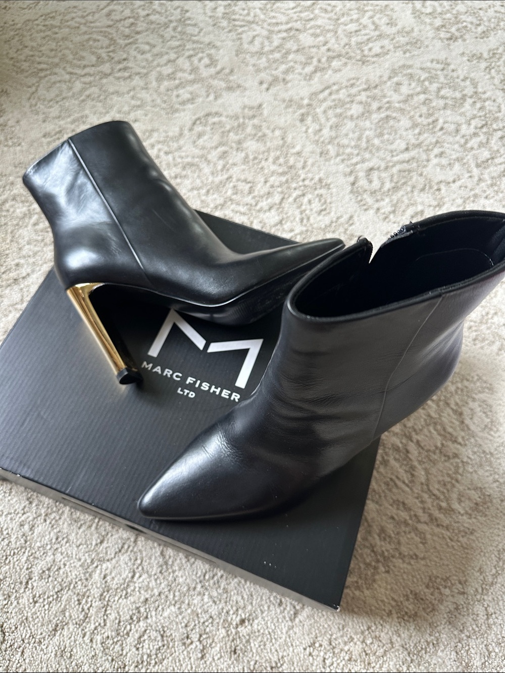 Marc Fisher Black Leather Pointed Ankle Boots with Gold Sculpted Heel